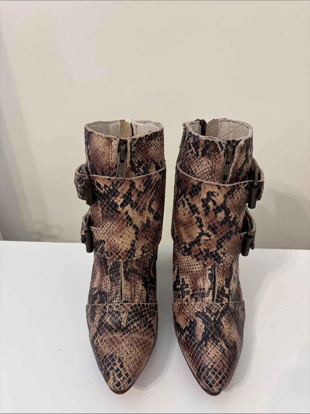 Freebird Joey Snake Print Pointed Toe Ankle Boots - Brown